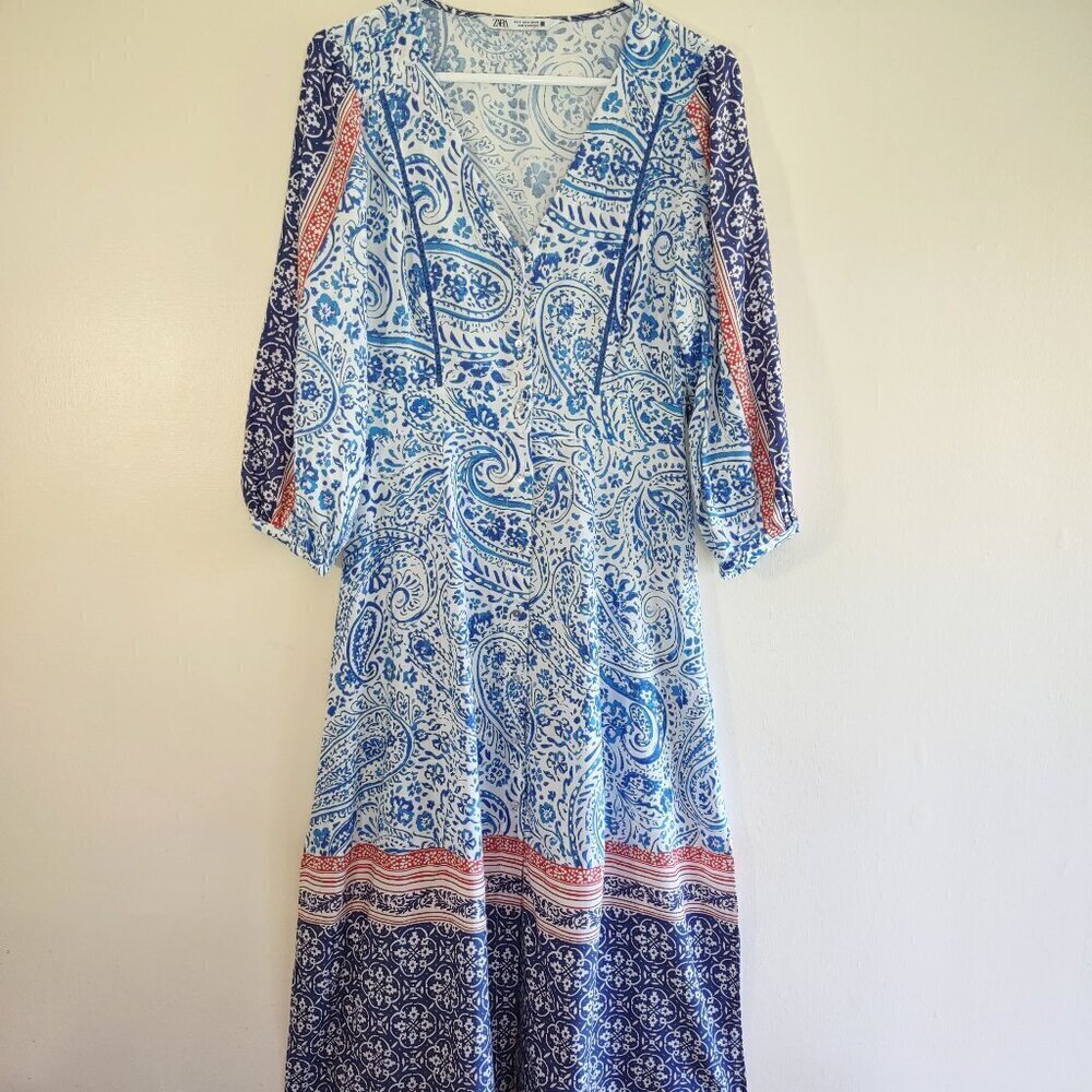 ZARA Paisley Floral Linen Maxi Dress Euro Summer Boho Beach Resort Size Small - Picture 6 of 13